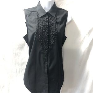 Lauren by Ralph Lauren Black Ruffle Sleeveless Tuxedo Buttondown Top RN 41331